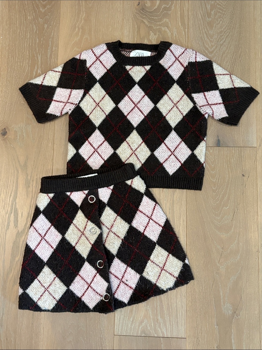 Zara Girls Argyle Knit Top & Skirt Set - Brown, Tan & Pink